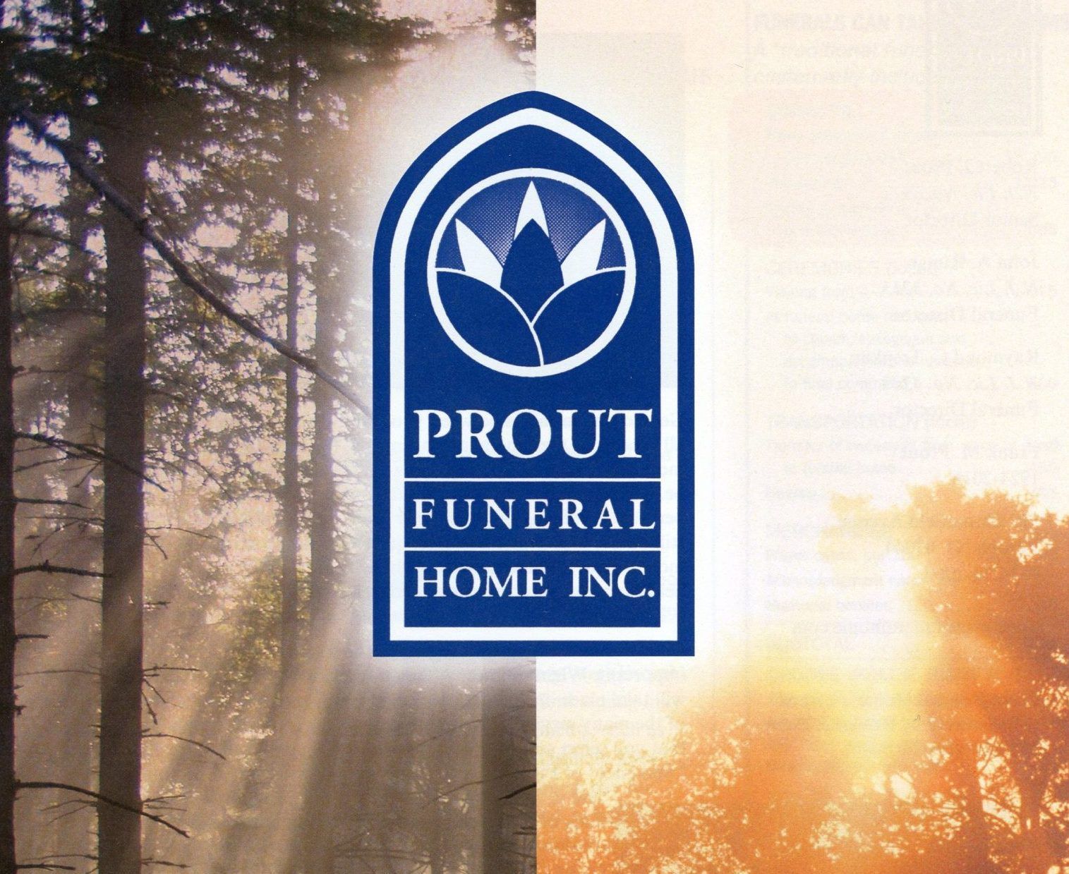 Logo for Prout Funeral Home Inc., featuring a stylized blue crest against a split background of trees and sunset.