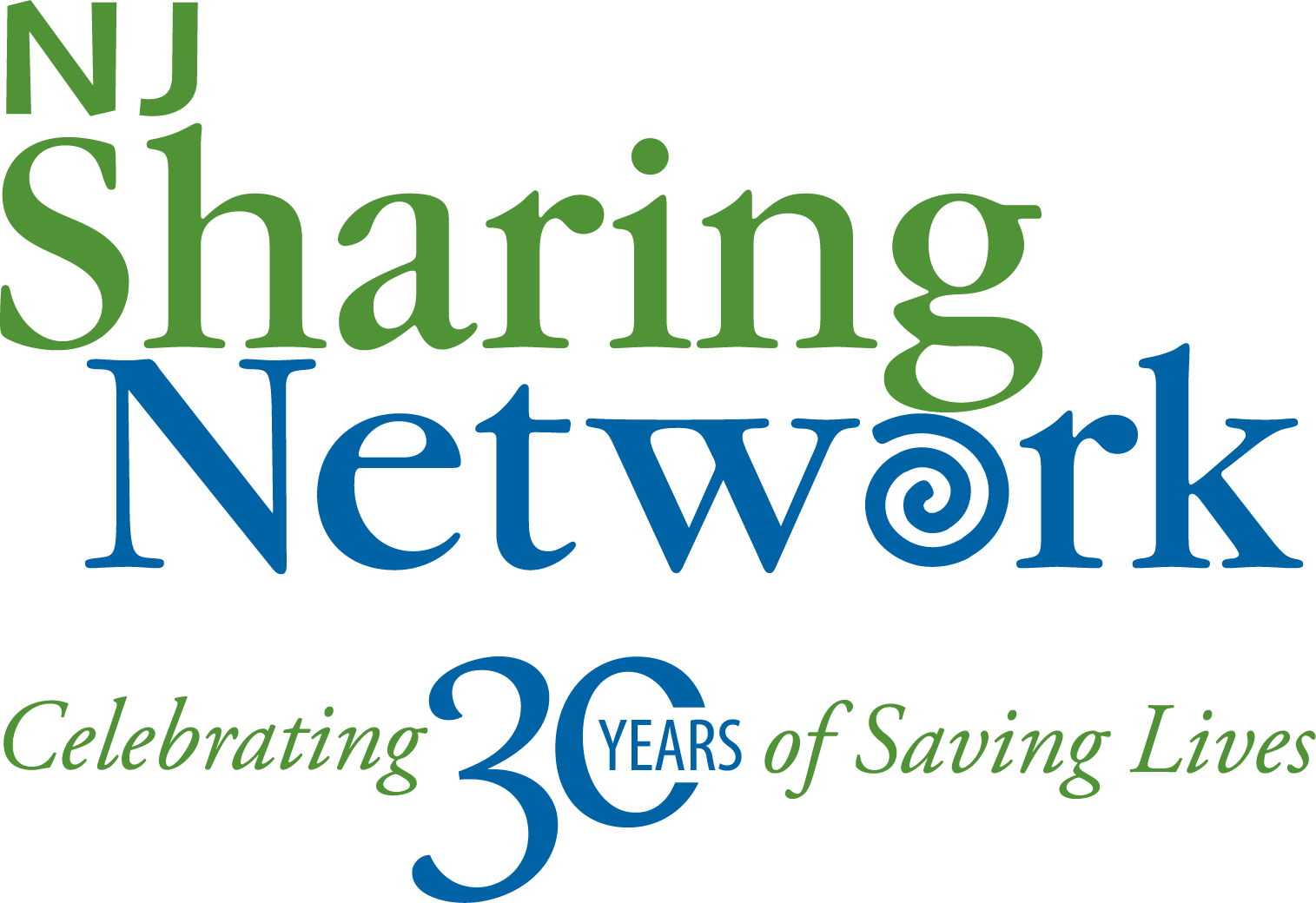 Logo for NJ Sharing Network featuring green and blue text: 