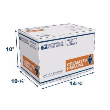 A white USPS Priority Mail Express box for cremated remains with dimensions 14-3/4