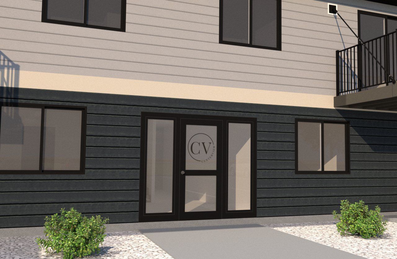 An artist 's impression of a building with a cv logo on the door