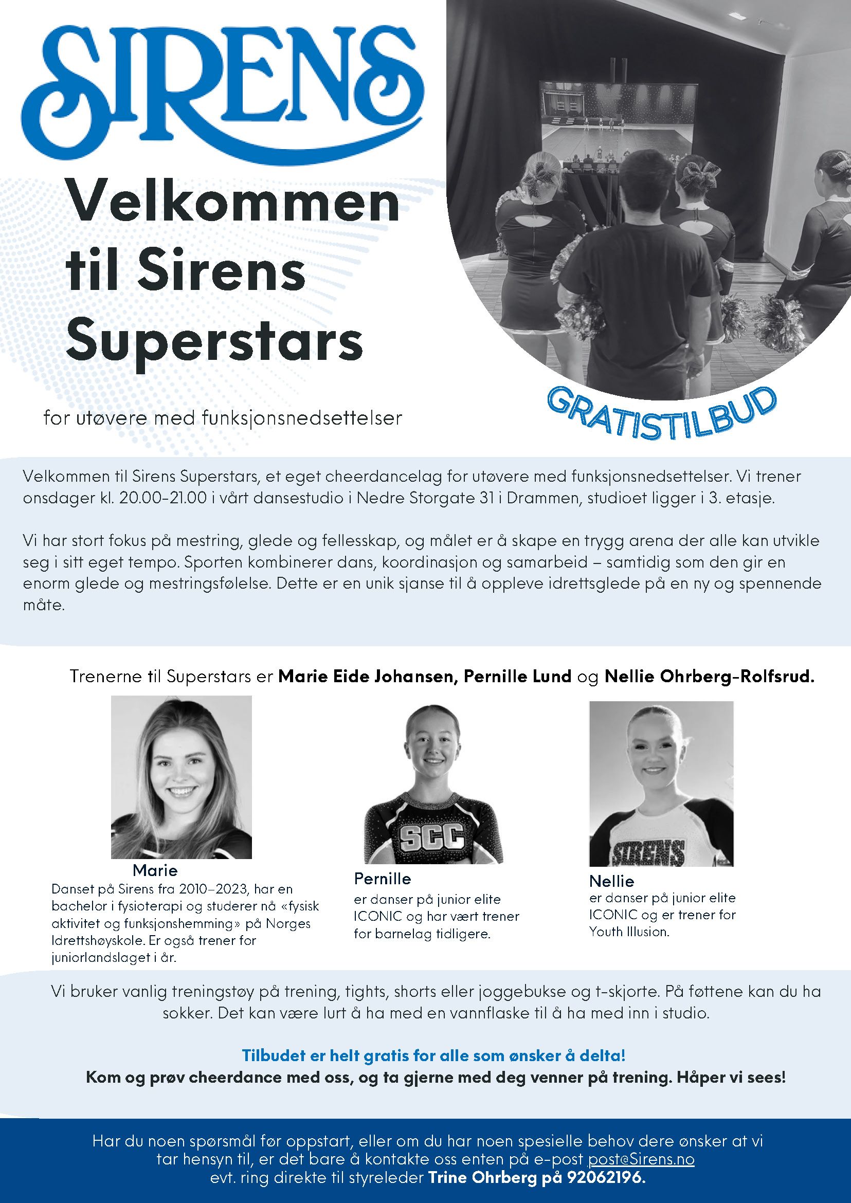 Sirens gym flyer with blue logo, “Velkommen til Sirens Superstars,” and three performer portraits