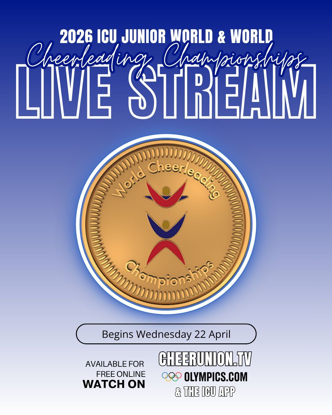 2026 ICU Junior World & World Cheerleading Championships live stream poster with gold medal on blue background