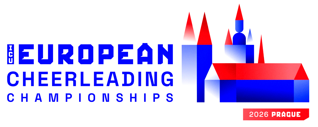 European Cheerleading Championships logo with blue text and red-blue castle graphic, Prague 2025
