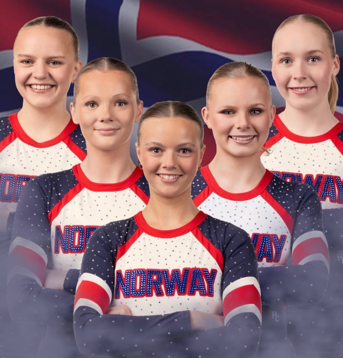 Five Norway cheerleaders in red, white, and blue uniforms posing with smiles