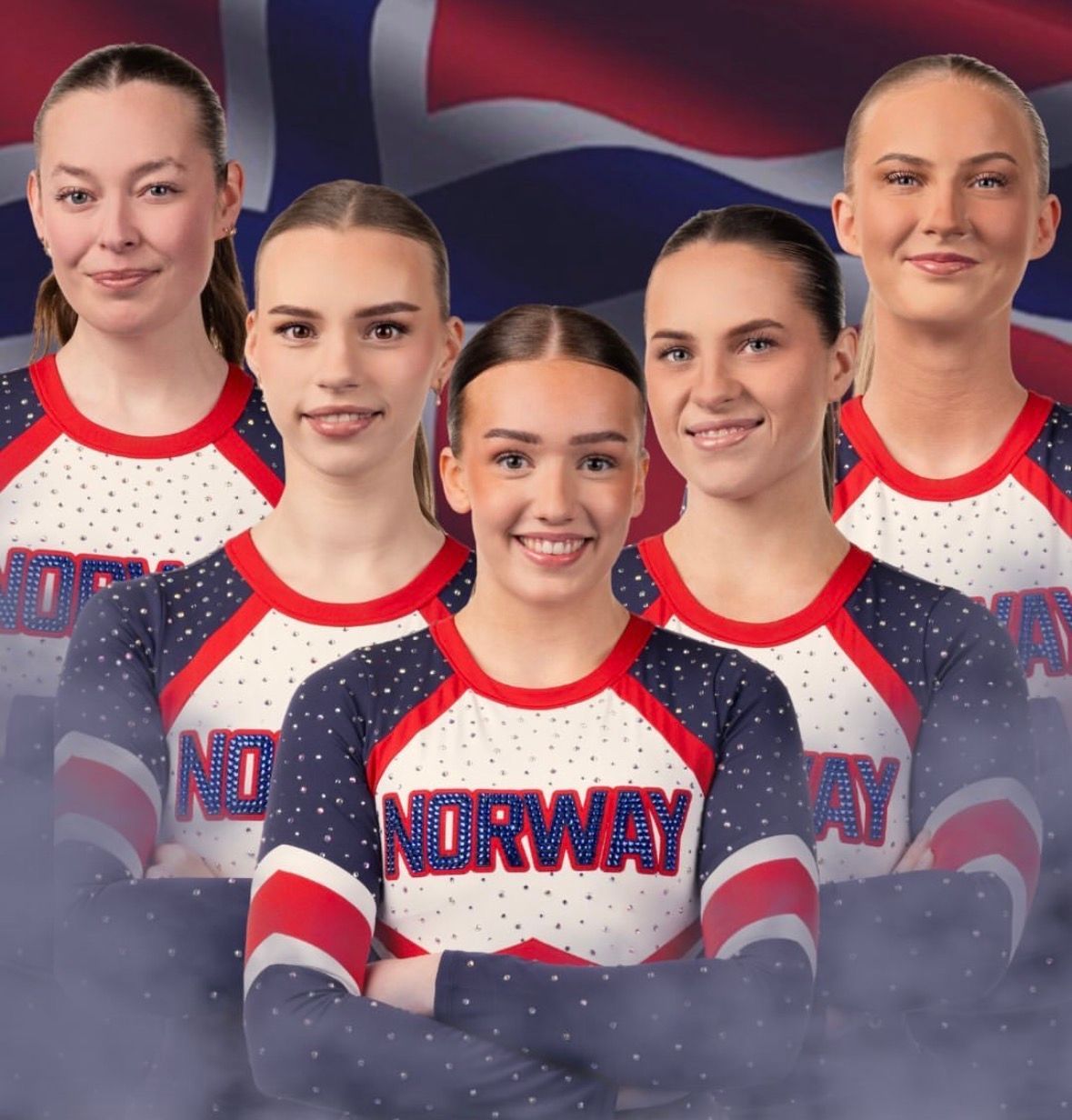 Norway women’s team in red, white, and blue jerseys posing against a smoky backdrop