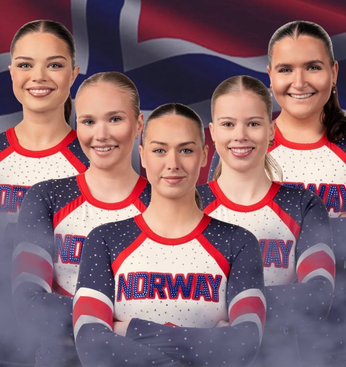 Five athletes in Norway uniforms posing against a dark, wavy background