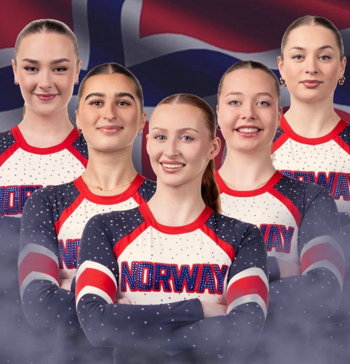 Five Norway athletes in red, white, and blue uniforms posed before a Norwegian flag backdrop.