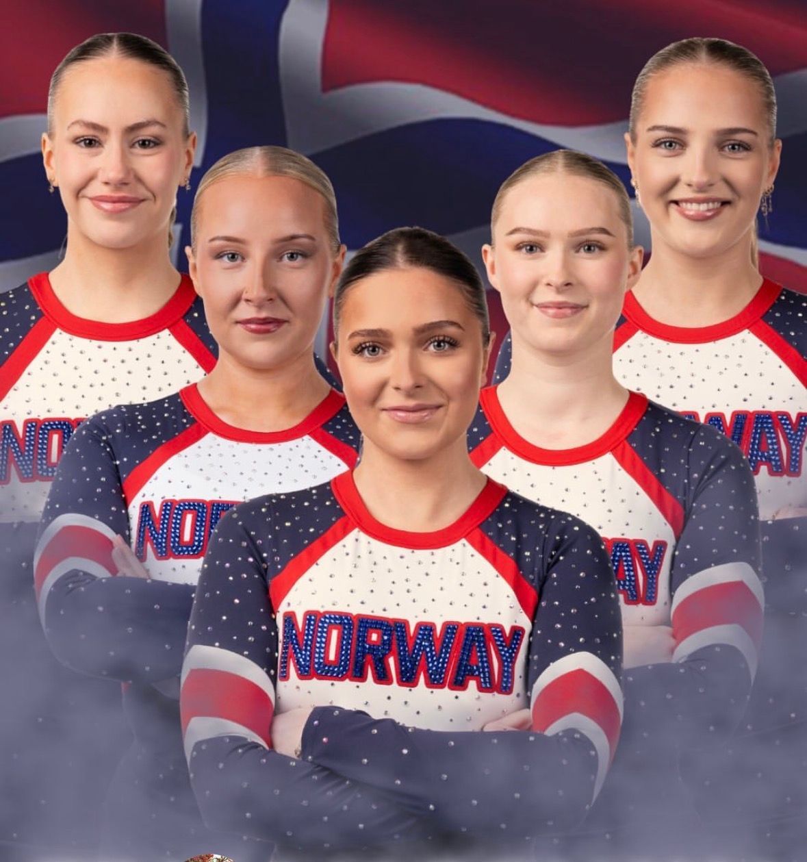 Five Norway team gymnasts in red, white, and blue uniforms posing together