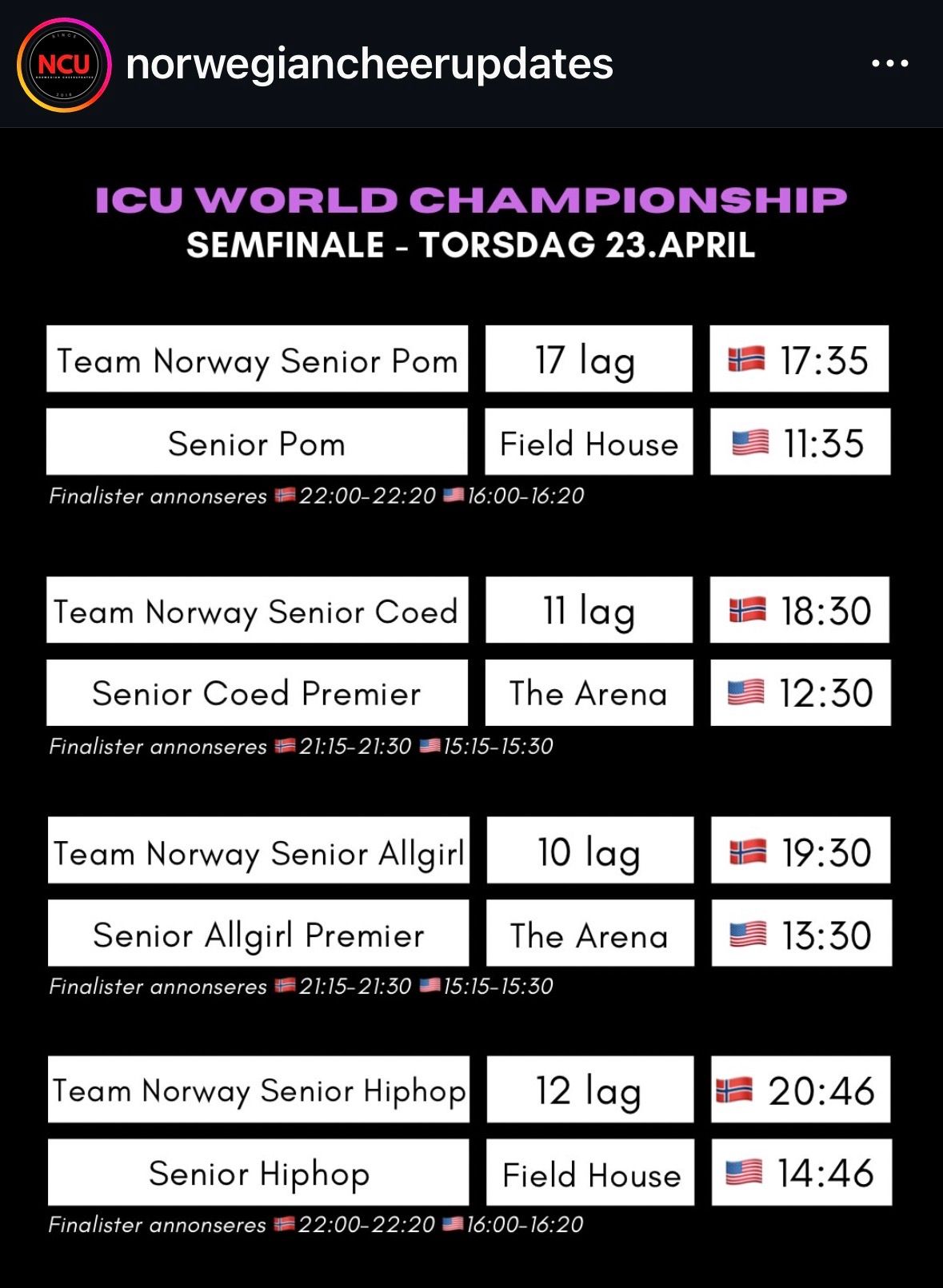 Instagram graphic of the ICU World Championship semifinal schedule and match times, with white text on dark background.