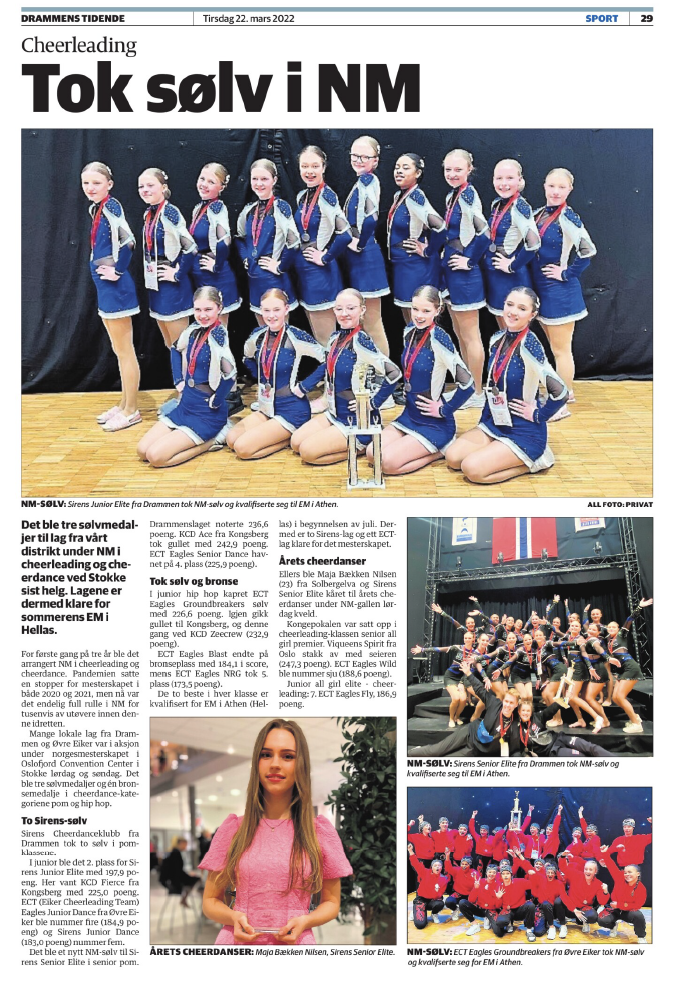 NM-sølv til Senior Elite og Junior Elite. Faksimile fra Drammens Tidende.
