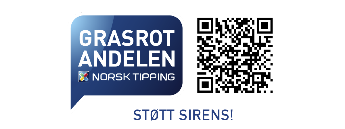 Blue-and-white “GRASROTANDELEN” Norsk Tipping logo with QR code and “STØTT IRENS!” text
