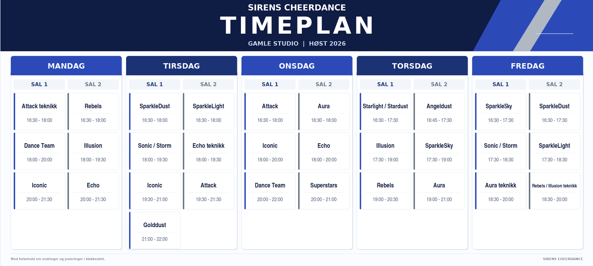 Blue-and-white daily timeline schedule with multiple columns and time blocks.