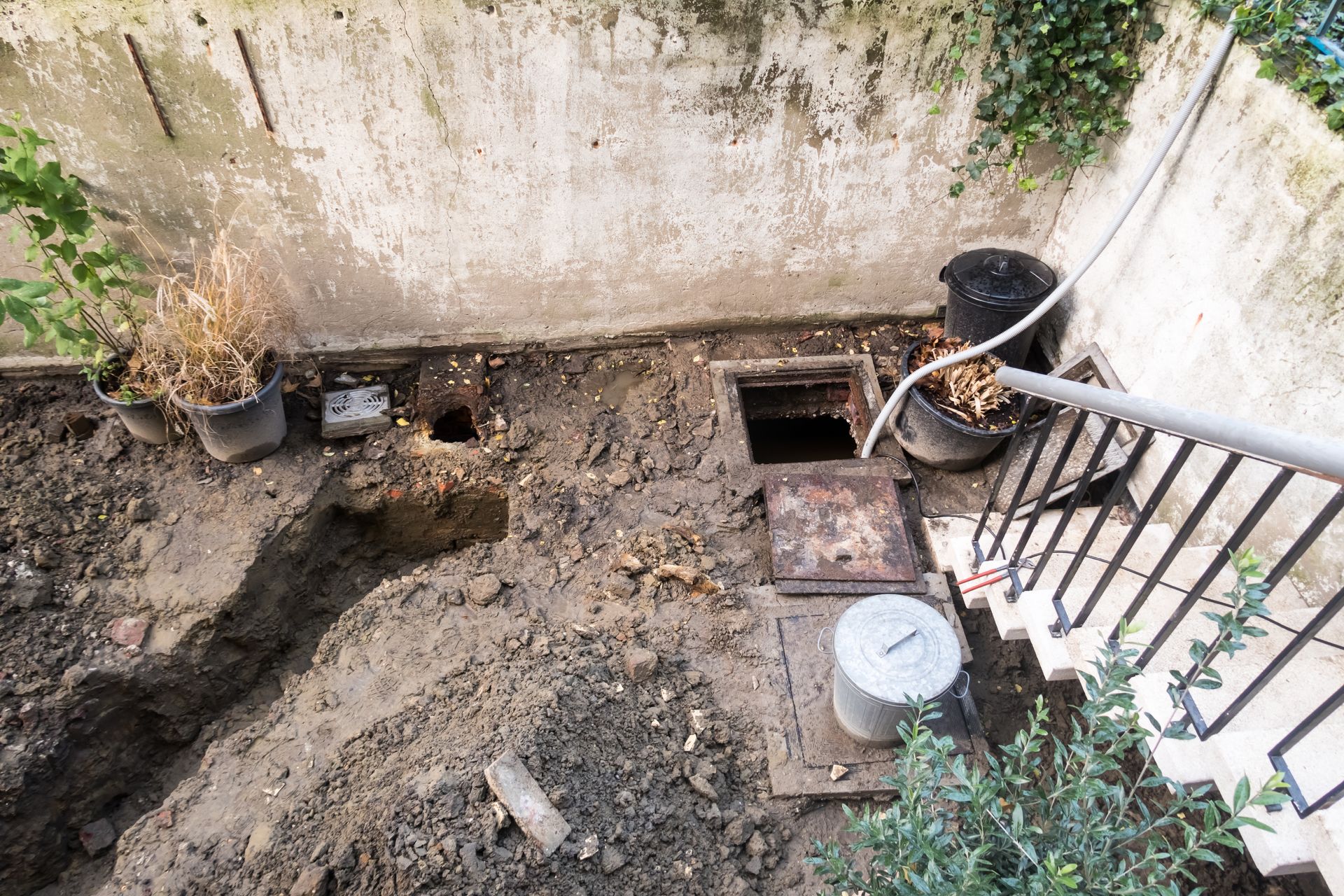 Muddy excavation beside a wall with open drain holes, stairs, hose, and a white bucket.