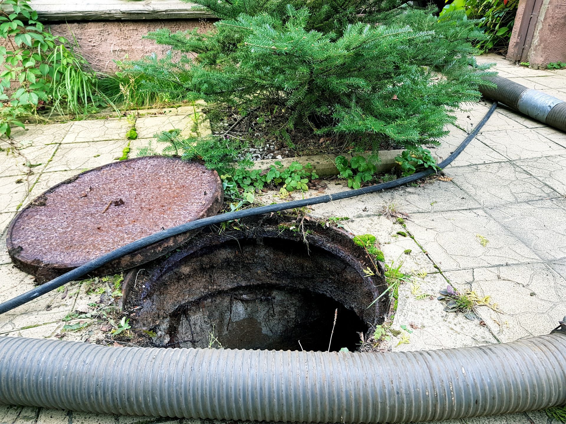Open manhole in a paved yard with a corrugated hose across the foreground and a lid nearby
