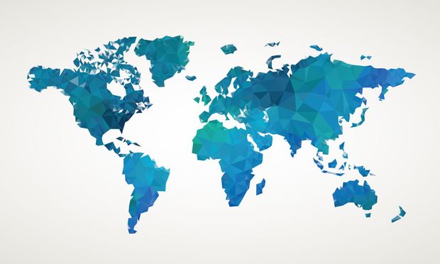 Stylized blue and teal world map on a light background
