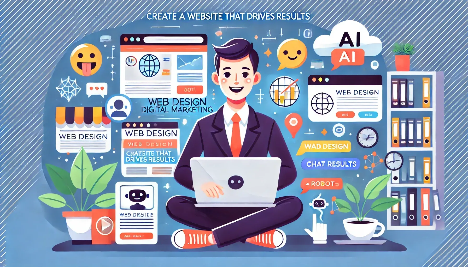 A man in a suit and tie is sitting on the floor using a laptop computer. Website creation guide.