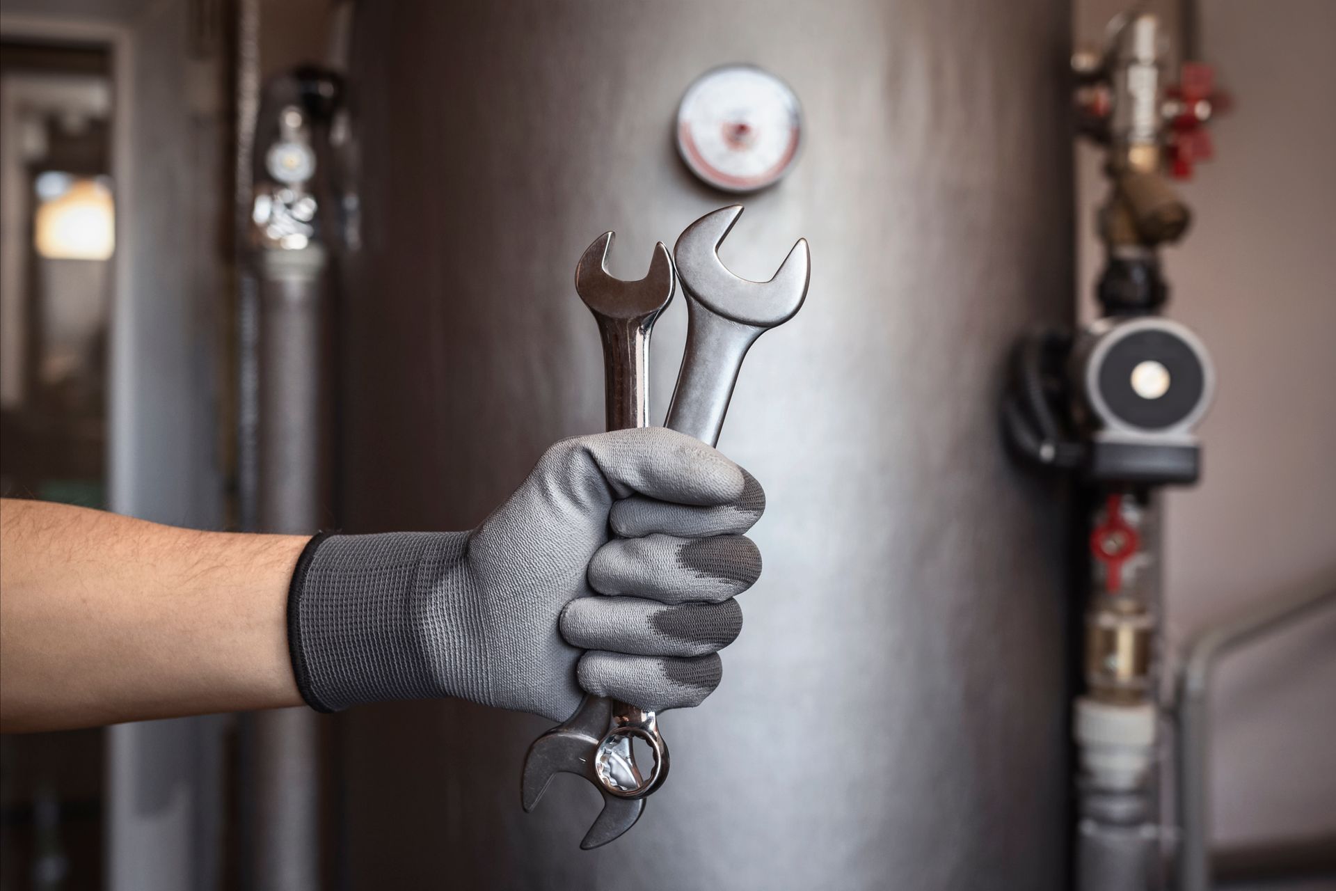 Gloved hand holding two wrenches in front of a metal pipe and pressure gauge