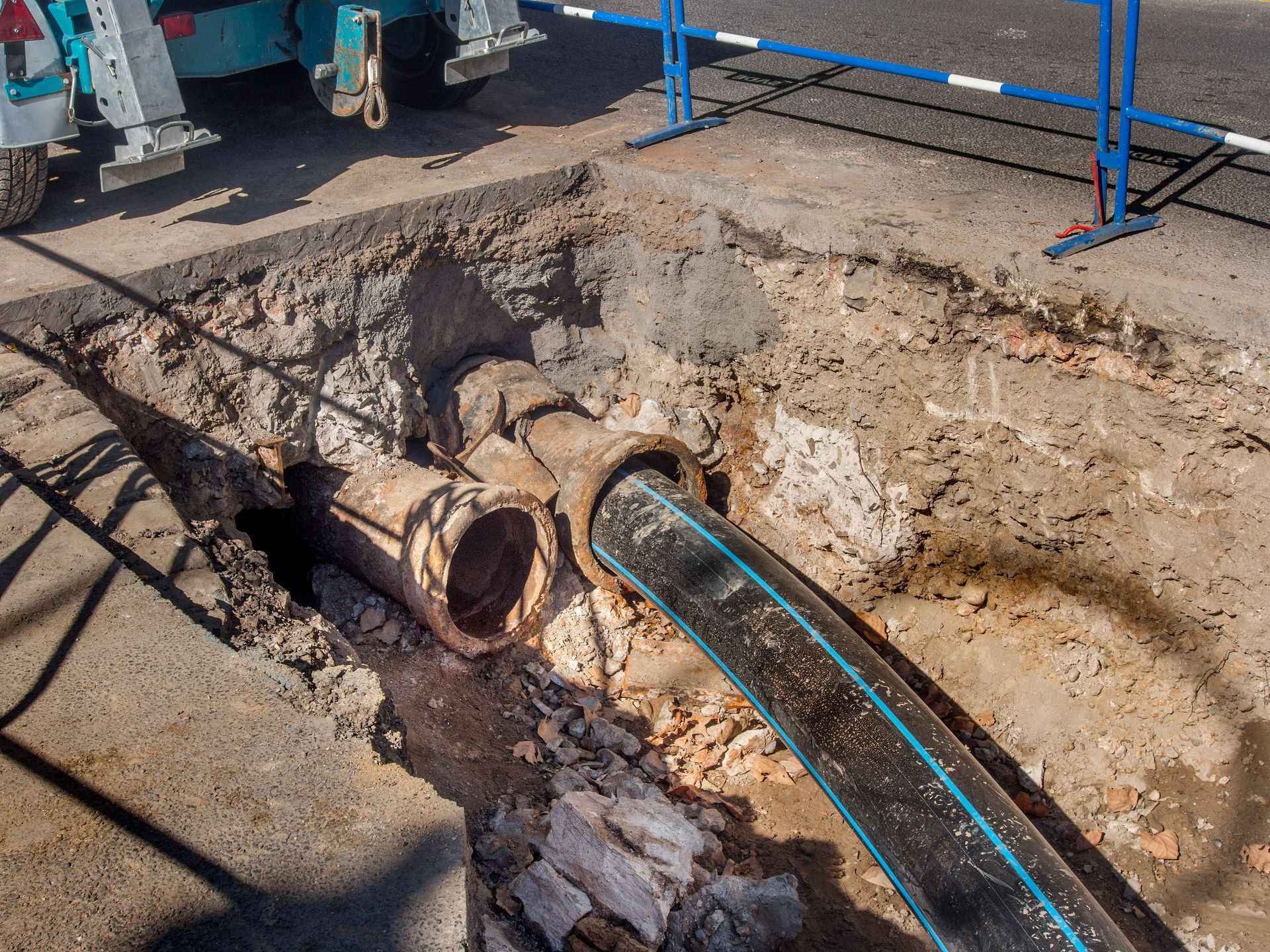 Large excavated trench with exposed pipes and a broken utility line on a construction site