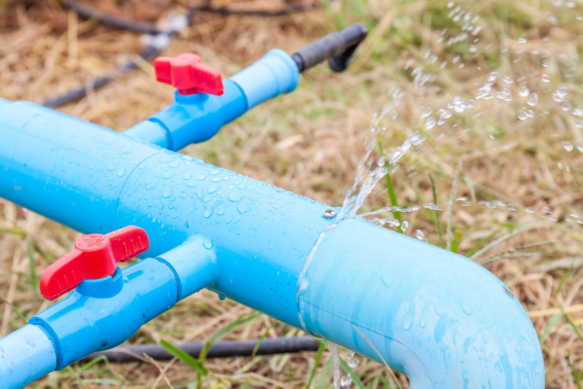 Blue water pipes with red valves spraying water outdoors