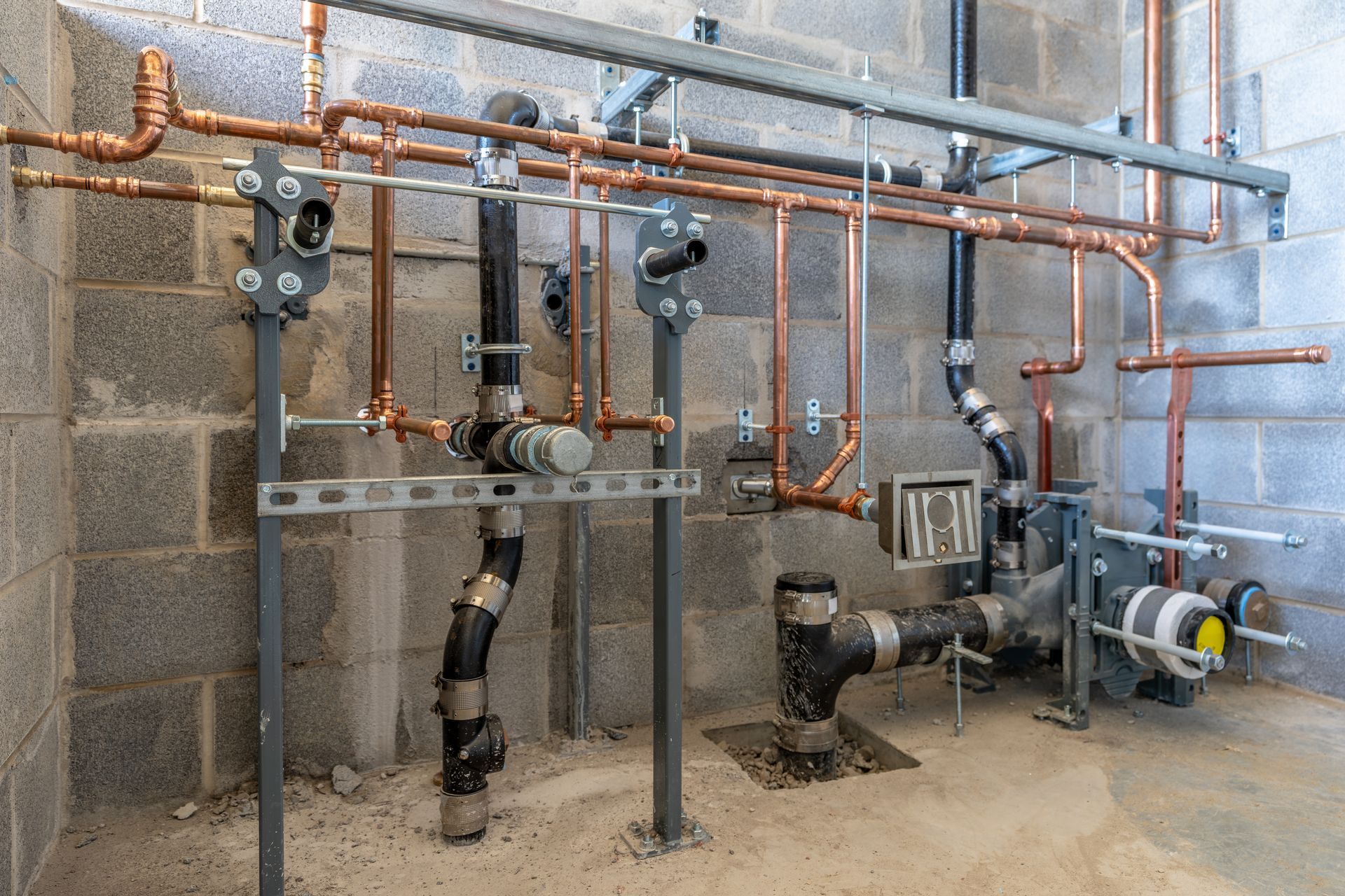 Copper pipes and industrial valves mounted on a cinderblock wall in a mechanical room