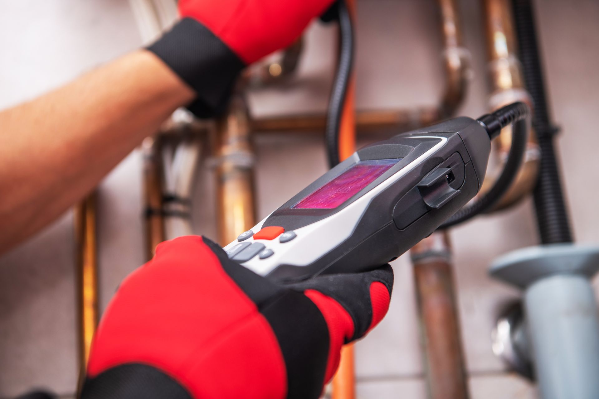 Gloved hands using a handheld detector to inspect metal pipes indoors