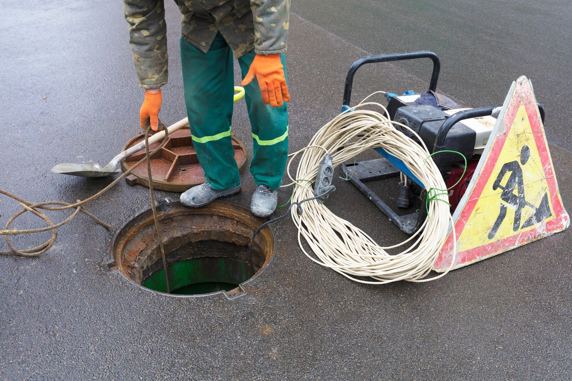 Worker opening a manhole beside a traffic warning sign and coiled cable on wet pavement