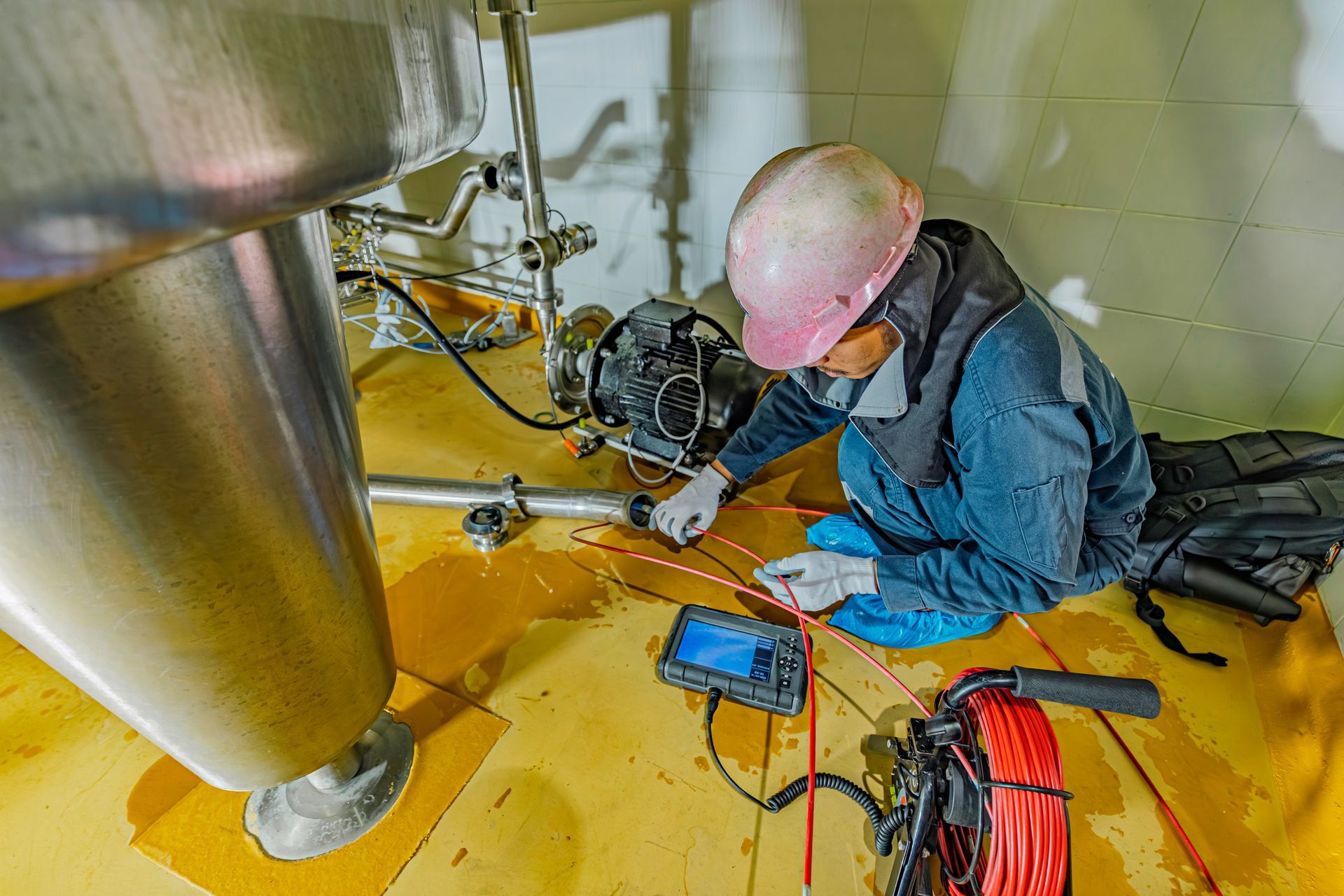 Technician in blue coveralls inspecting piping inside a large stainless steel tank with tools and cables nearby