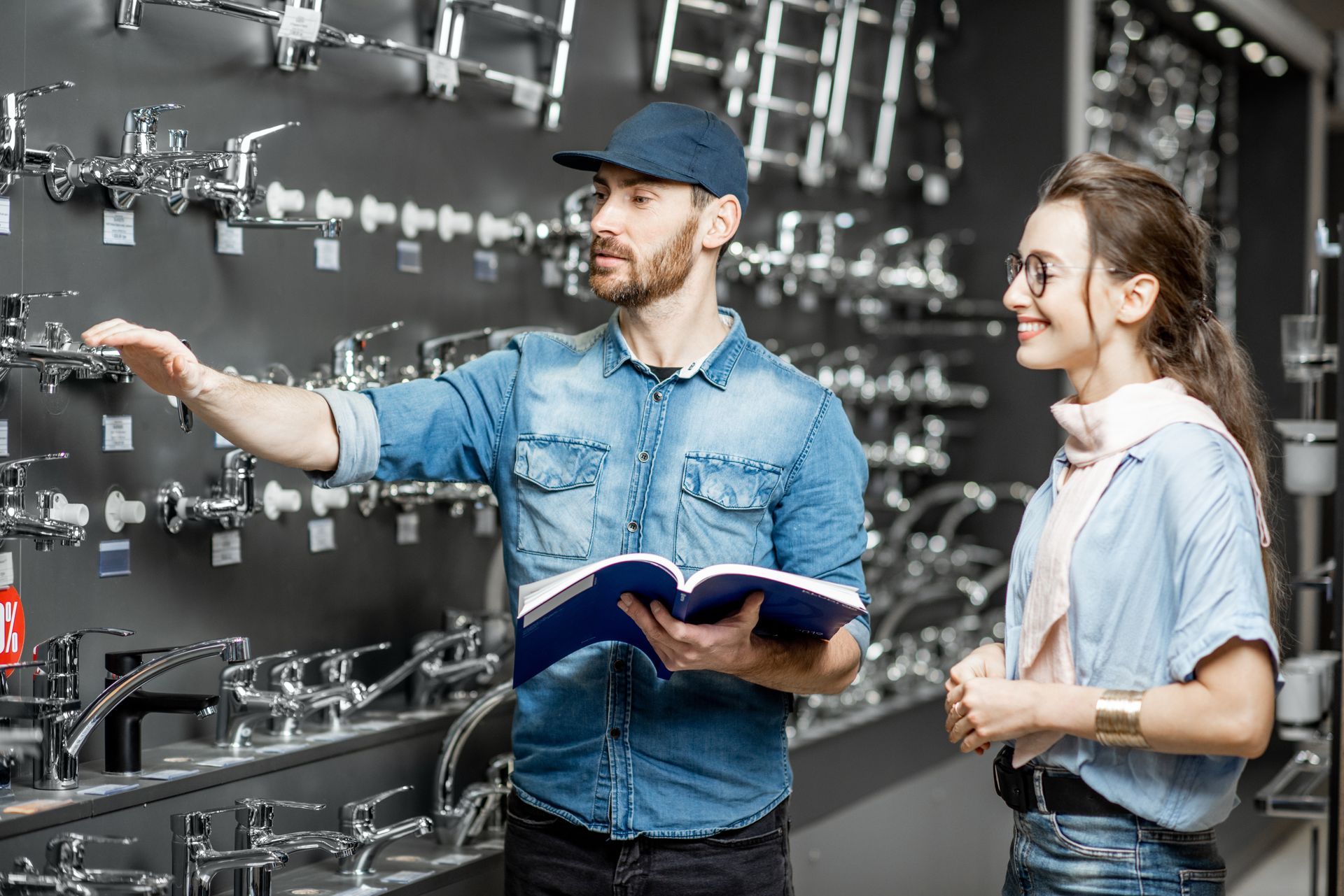 Technicians inspecting industrial equipment in a factory, one pointing at machinery while holding a notebook