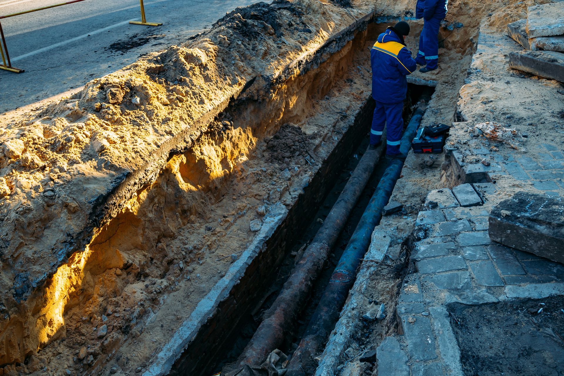 Worker installing black utility pipes in a trench beside a road, with snow-covered soil piled on both sides