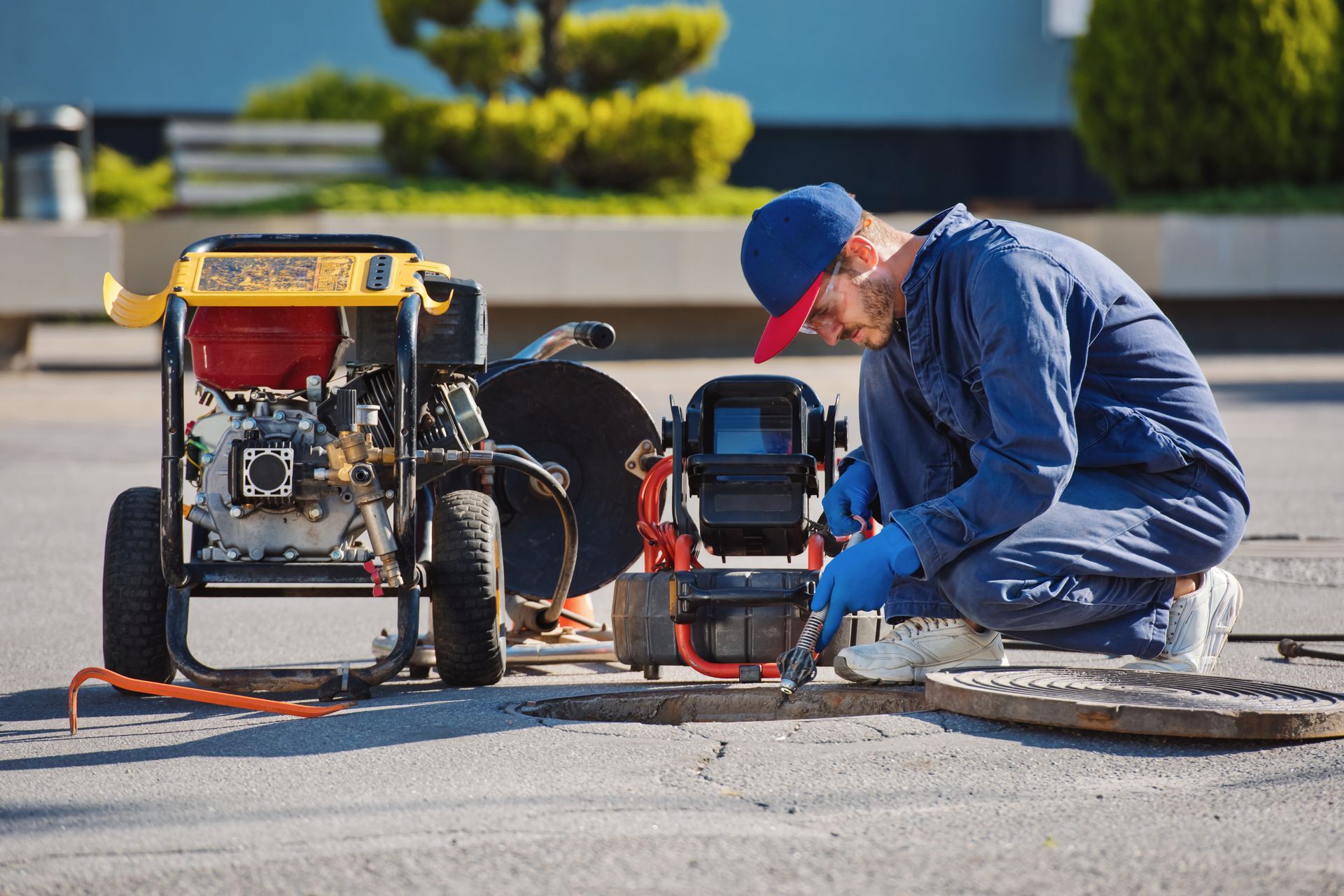 Worker kneeling beside a portable generator on pavement, adjusting equipment with tools in a sunny outdoor setting