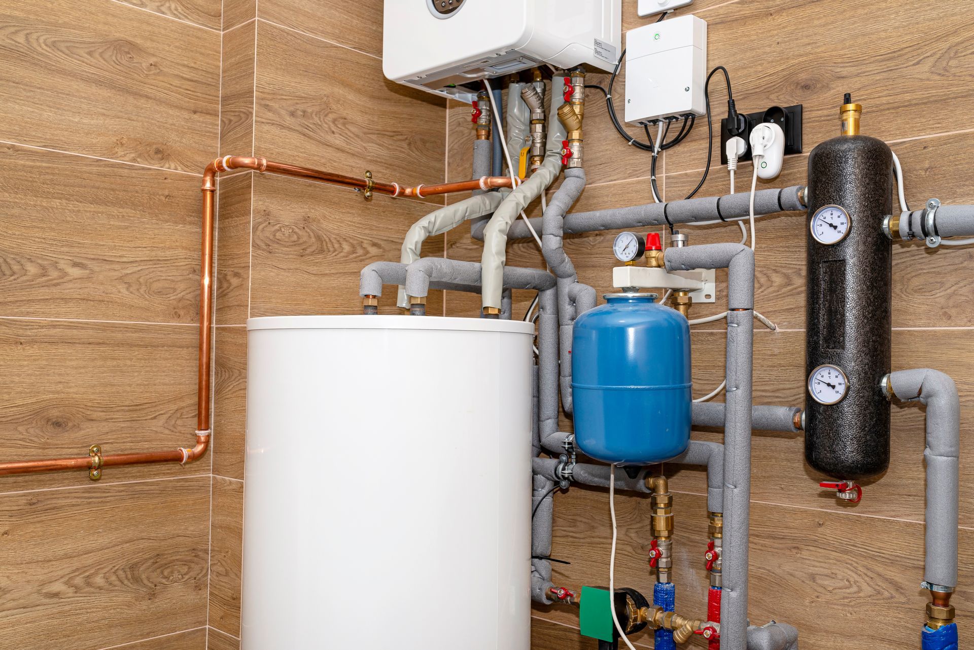 Boiler room with white tank, blue expansion vessel, copper piping, and gray insulated pipes on a wood wall