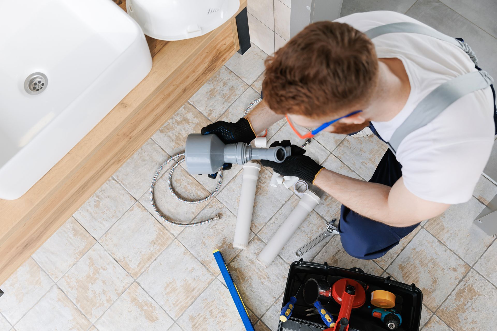 Plumber using a power drill under a bathroom sink, with tools on the tiled floor