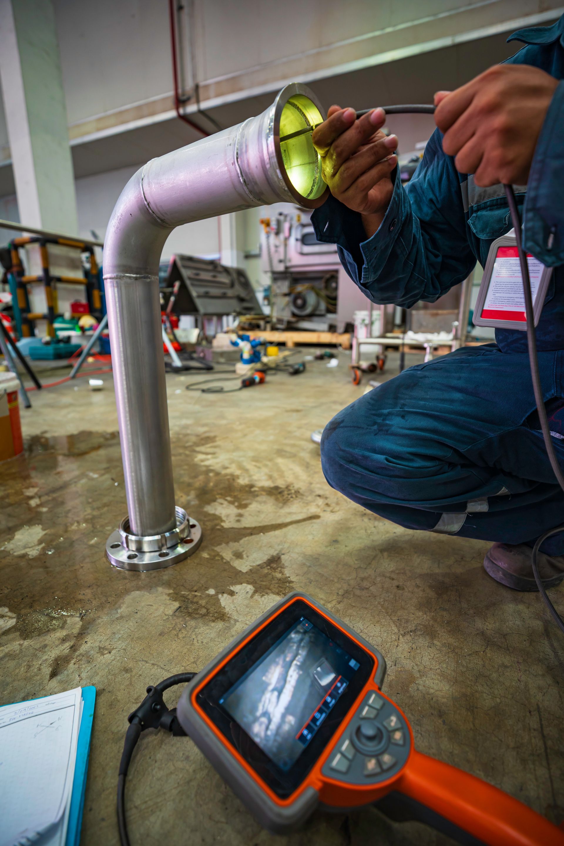 Worker inspecting a metal pipe joint with a handheld thermal camera in an industrial workshop