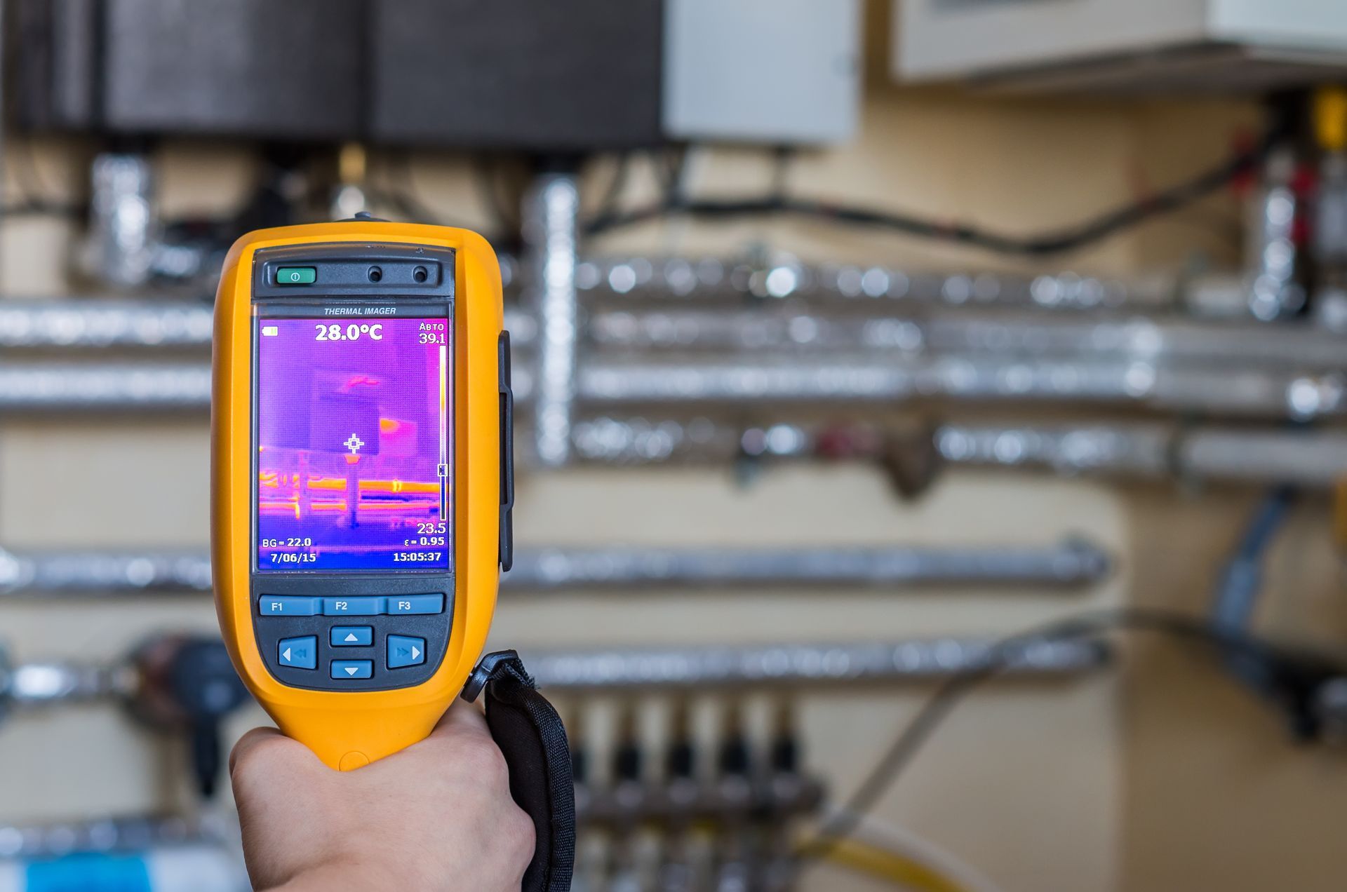 Handheld thermal camera aimed at exposed pipes in a utility room, showing heat map display