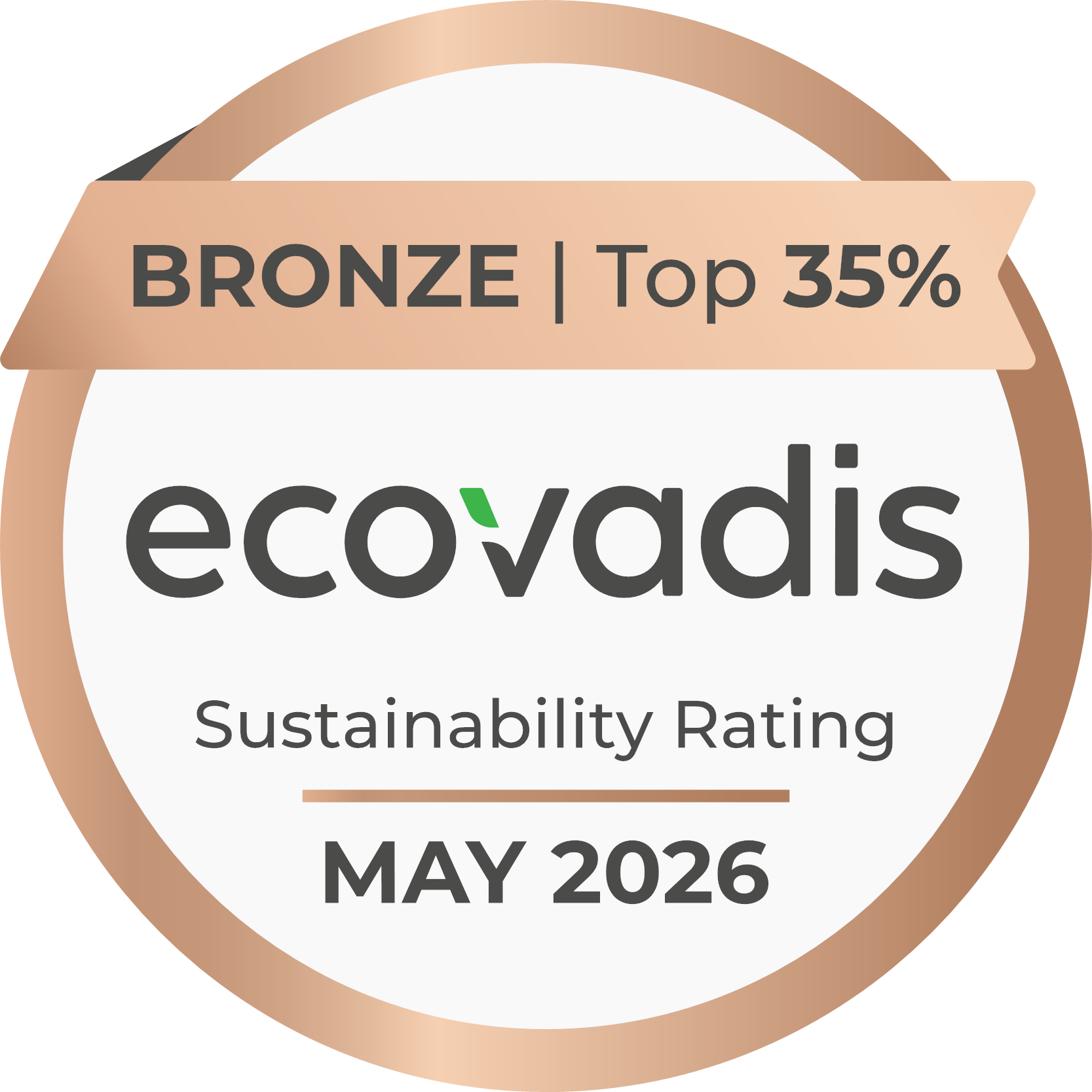 Label de durabilité EcoVadis médaille de bronze, indiquant une performance parmi les 35 % les plus élevées, valable jusqu'en mars 2025.