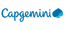 Logo Capgemini : nom de la marque en bleu avec un emblème stylisé en forme de pique bleue à droite.