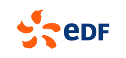 Le logo d'EDF, composé d'une icône florale stylisée orange à cinq pétales, est associé au nom de l'entreprise en caractères bleu foncé.