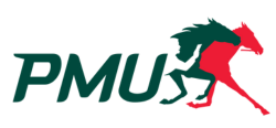 Le logo de PMU présente un texte vert suivi des silhouettes d'un cheval vert et d'un cheval rouge au galop.
