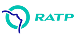 Le logo de la RATP représente un cercle turquoise traversé par une ligne bleu foncé en forme de profil, avec l'inscription « RATP » en lettres turquoise.