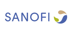 Le logo de Sanofi présente le nom de l'entreprise en caractères bleus à côté d'une icône circulaire composée de trois formes de larme de couleur beige, verte et bleue.
