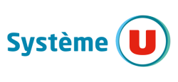 Le logo « Système U » présente le texte bleu « Système » à côté d'une lettre « U » rouge à l'intérieur d'un anneau circulaire turquoise.