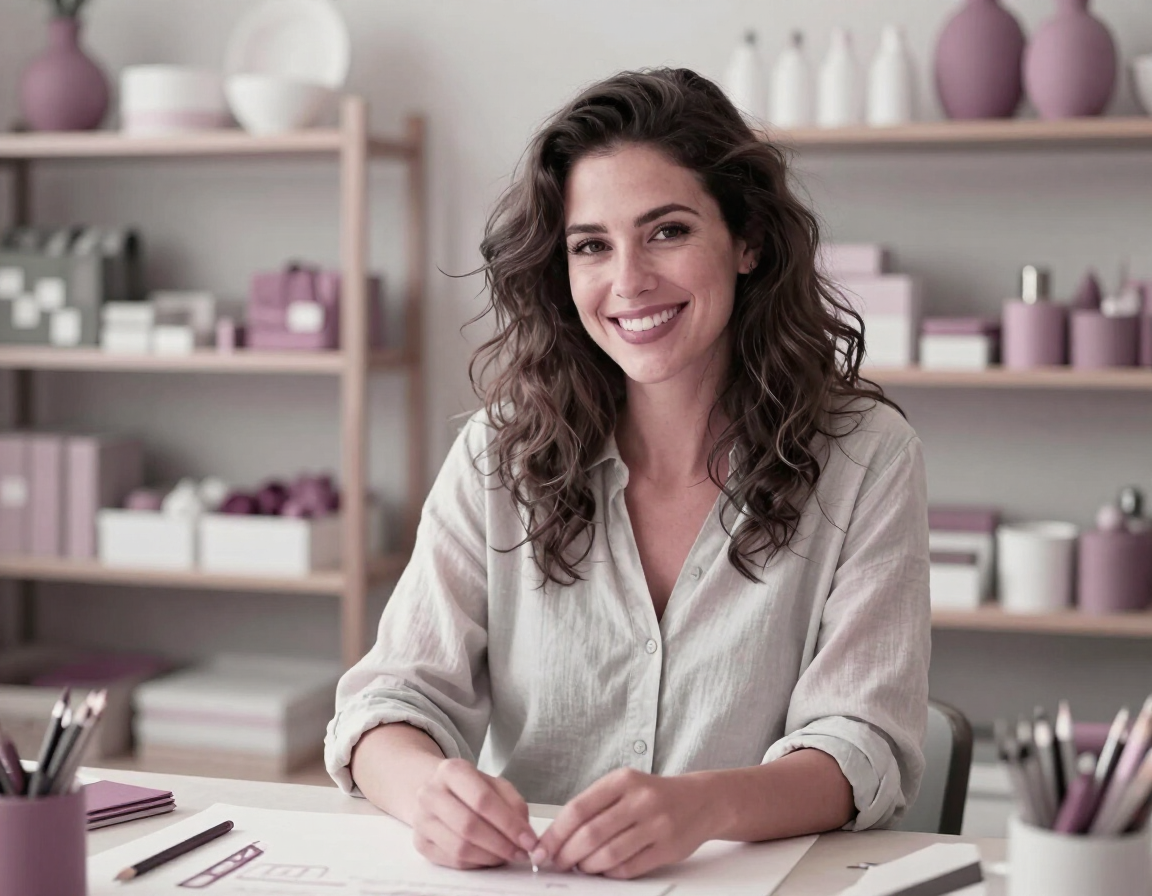 Mulher empreendedora sorrindo em seu ateliê
