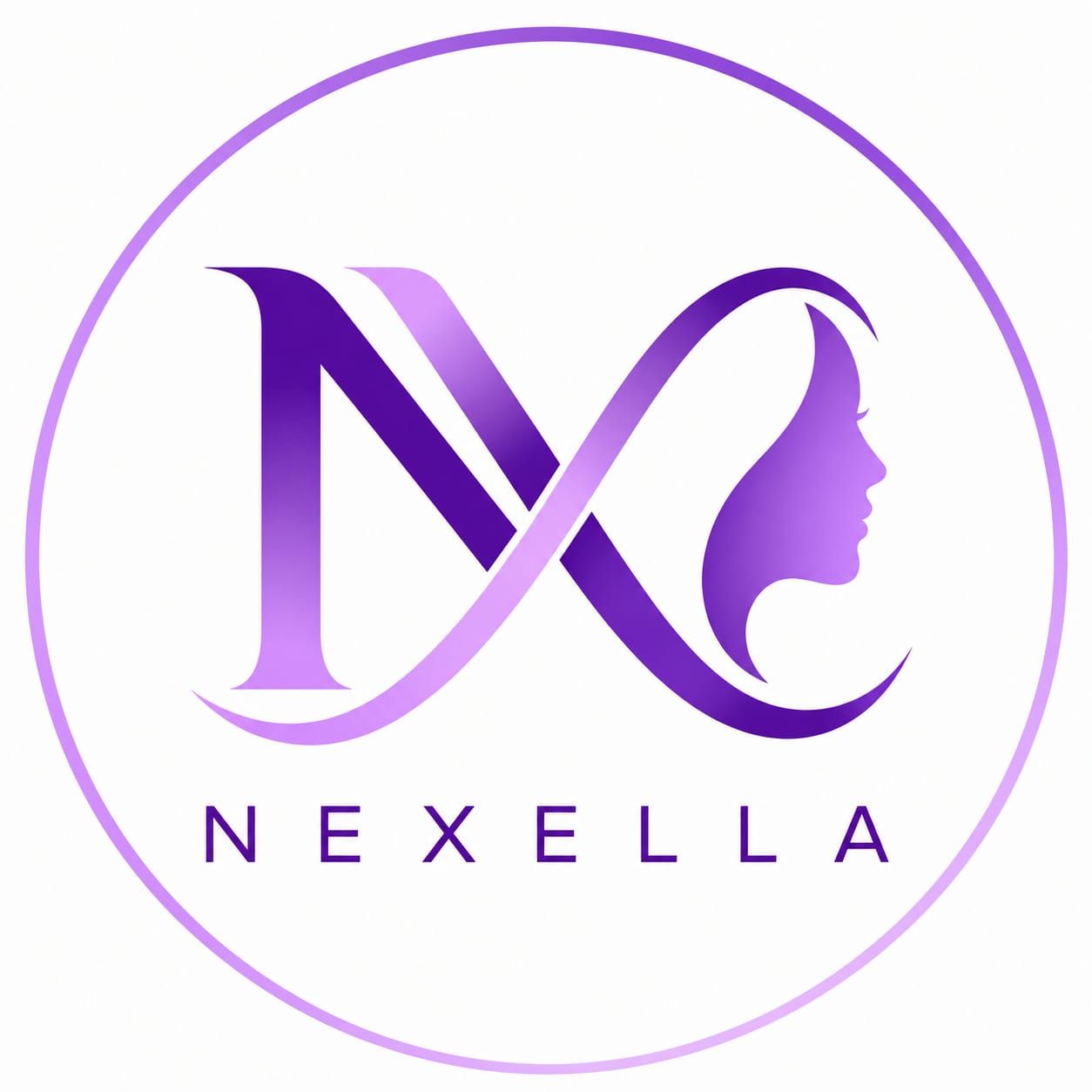 Logotipo roxo da Nexella com N e X estilizados, apresentando o perfil de uma mulher em um contorno circular.