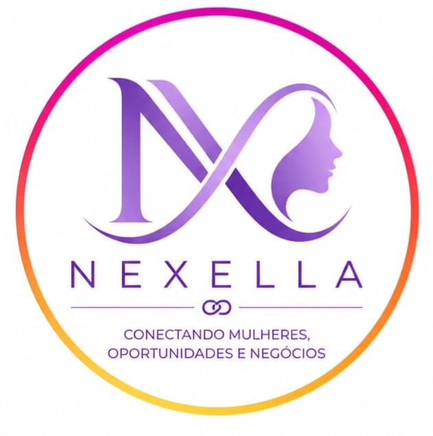 Nexella logo in purple and pink gradient with female profile and tagline “Conectando mulheres, oportunidades e negócios”