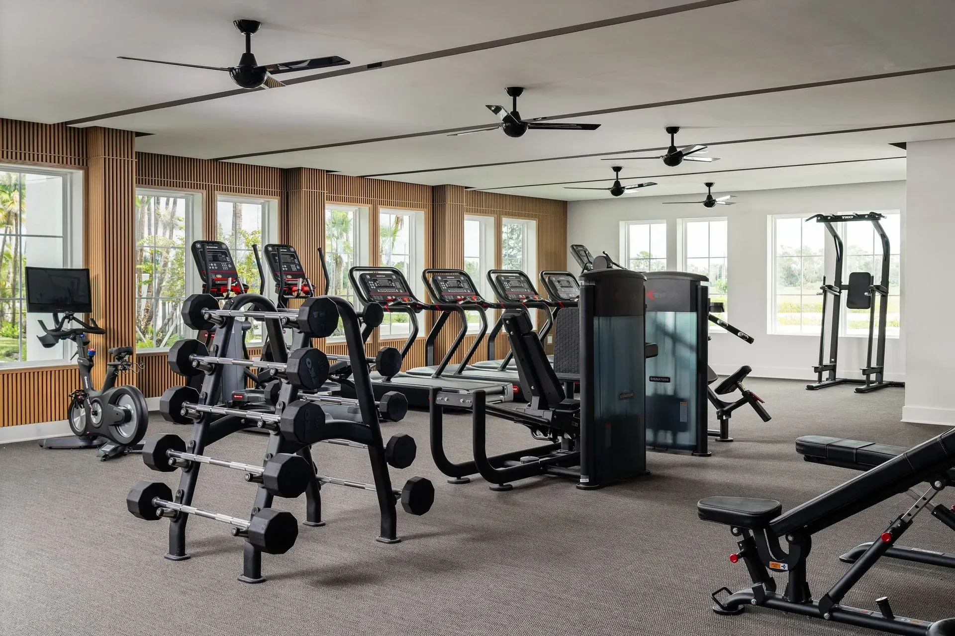 Well-equipped gym with treadmills, weight racks, and exercise machines.