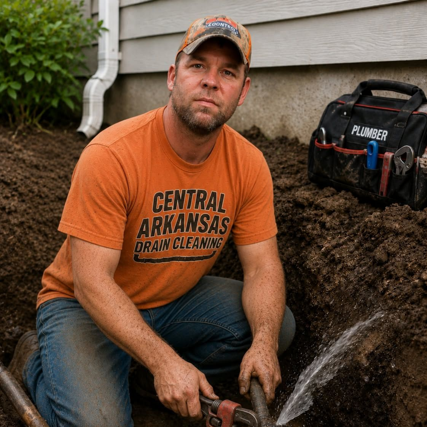 Worker in orange shirt repairs a buried pipe beside a house, using a tool in a muddy trench.