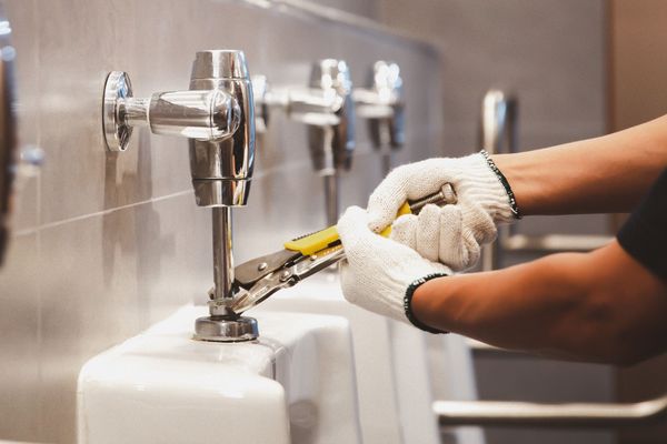 Plumber using a wrench to repair a leaking pipe under a sink sink cabinet Plumber using a wrench to repair a leaking pipe under a sink sink cabinet