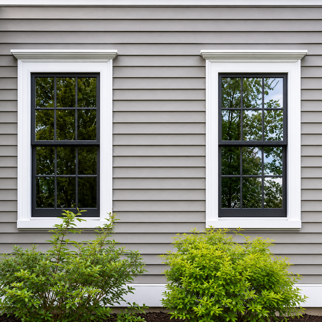 Two white-trimmed windows on gray siding with green shrubs below