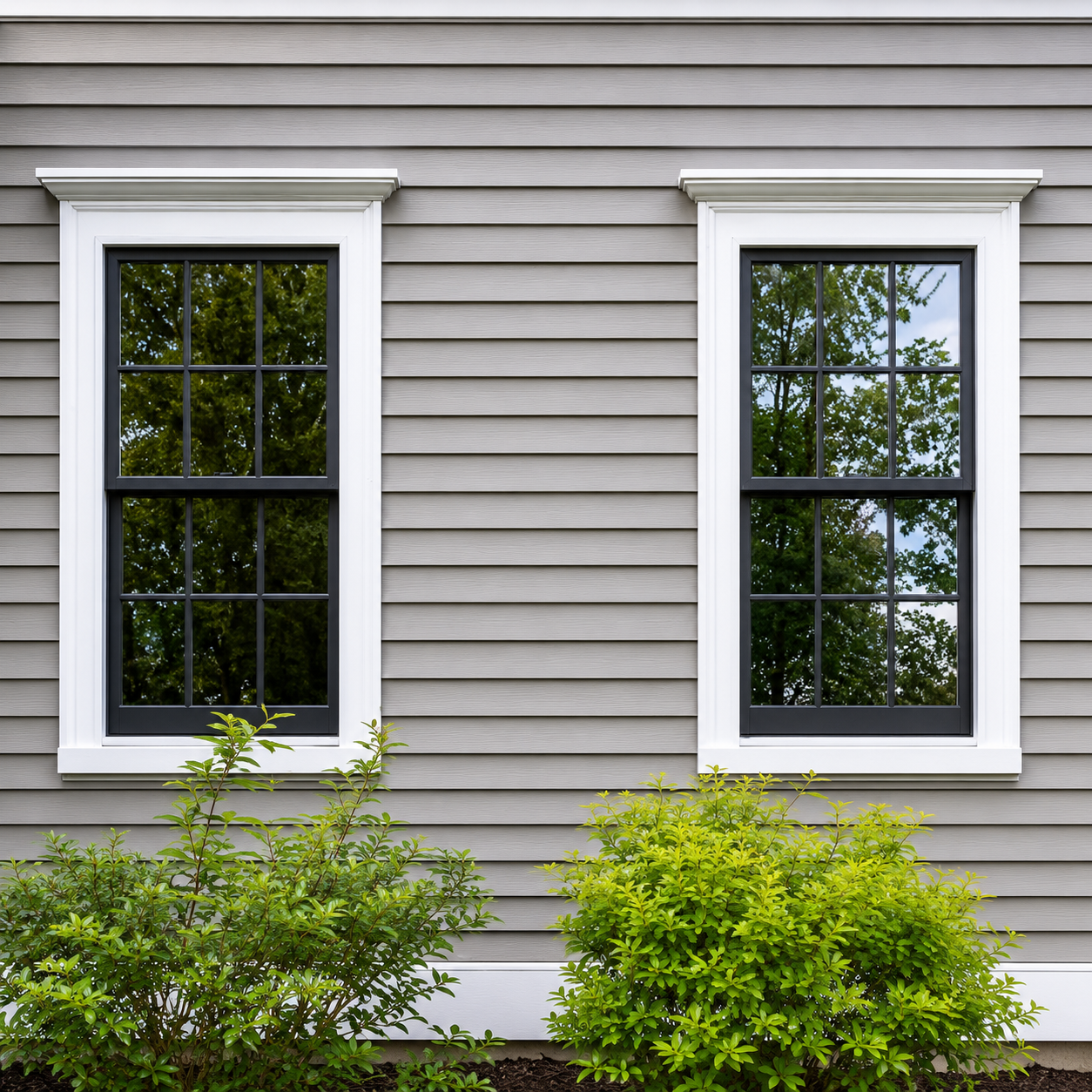 Two white-trimmed windows on gray siding with green shrubs below.