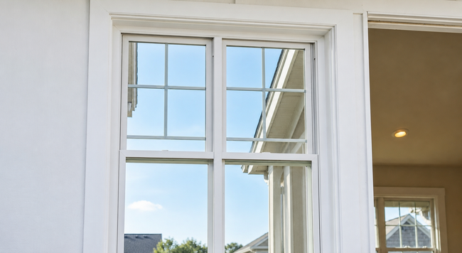 White-framed window with blue sky and a neighboring roofline visible outside